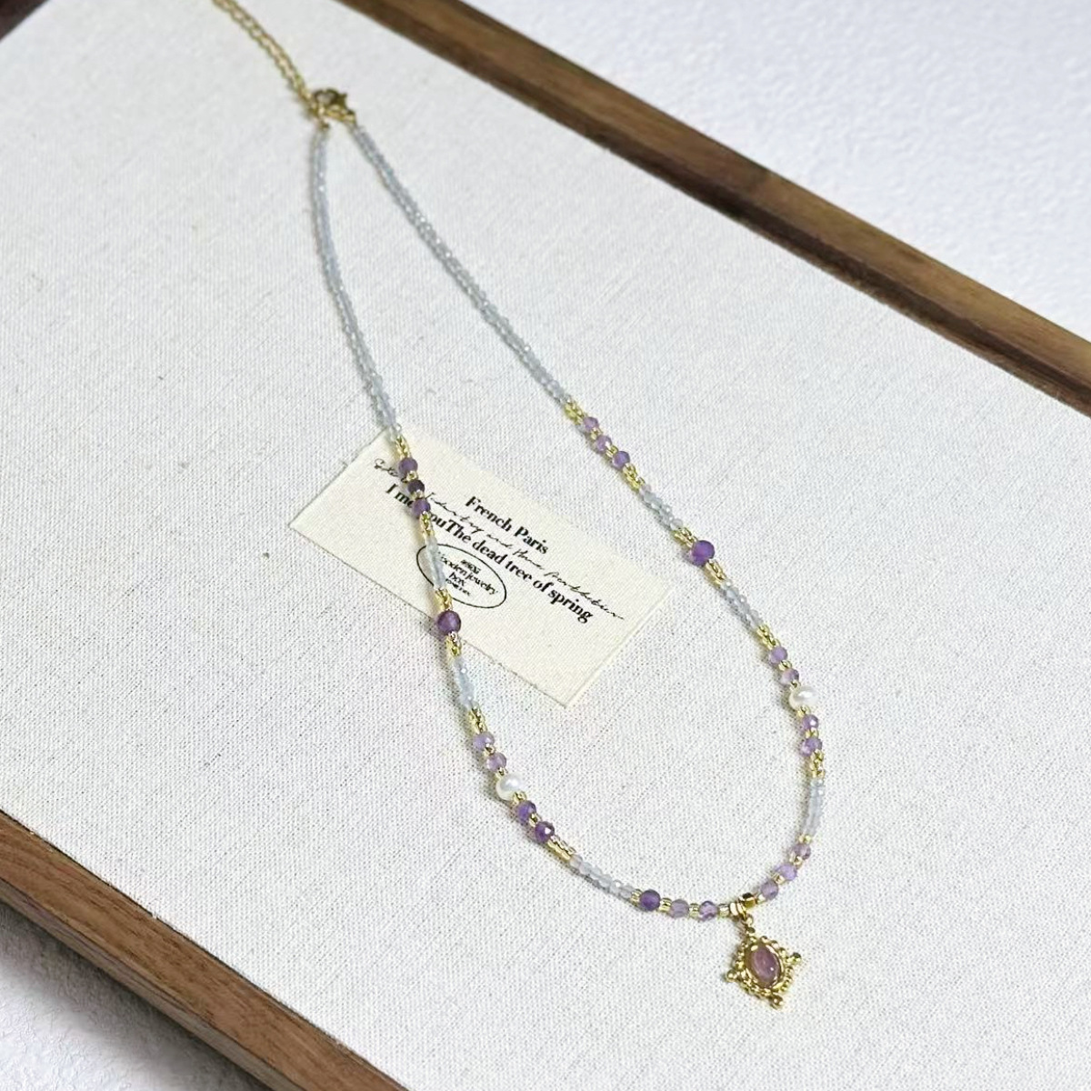 Court Style Amethyst Beaded Necklace Forest Style Turquoise Freshwater Pearl Collarbone Chain Full Titanium Steel Necklace