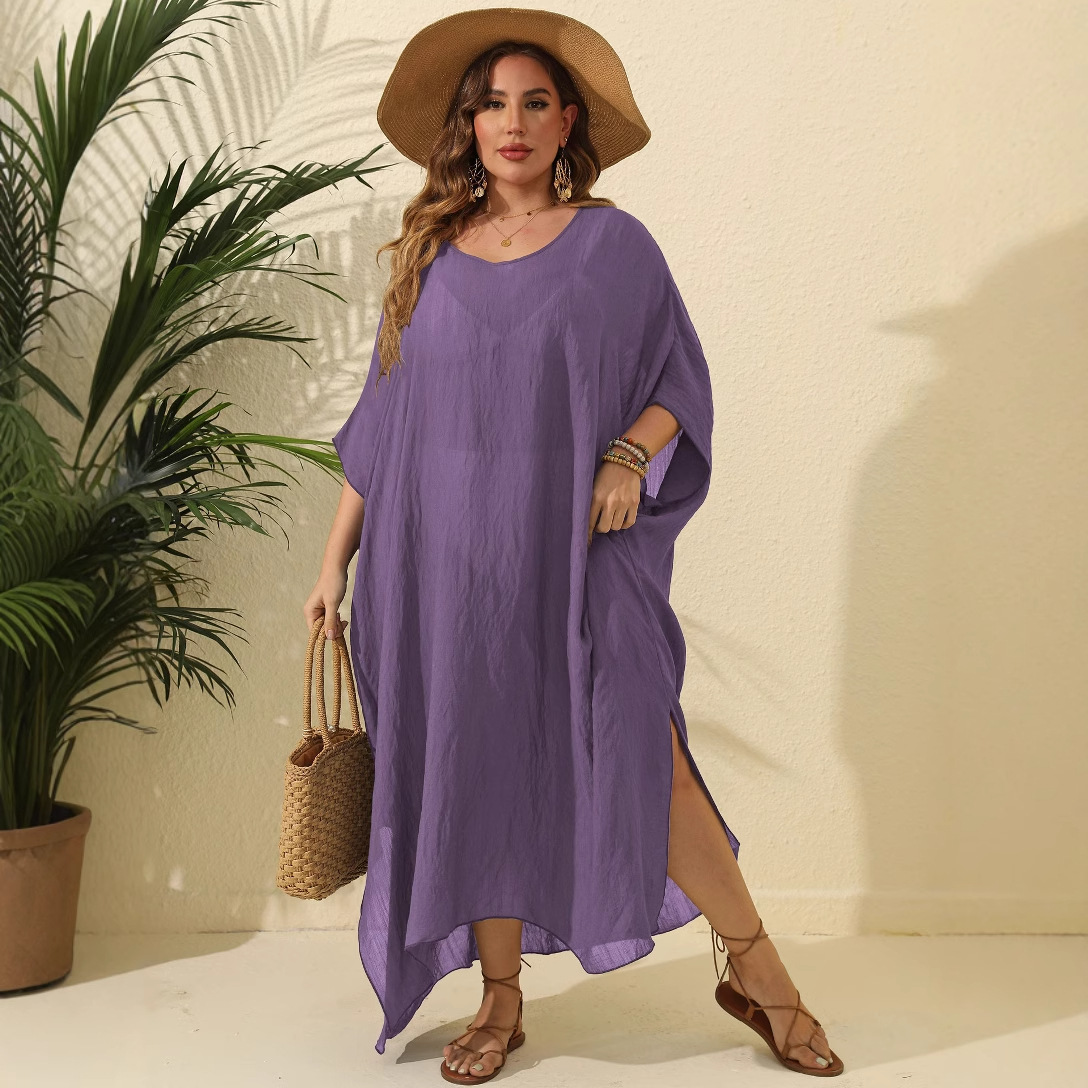 Women's Dress Plus Size Solid Color Loose Cover-Up Beach Vacation Split Floor-Length Dress