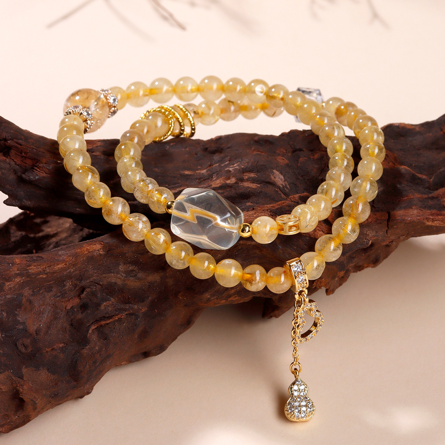 Natural Crystal Golden Hair Crystal Double-loop Bracelet Yellow Crystal Freeform New Chinese Style Original Women's Buddha Bead Bracelet