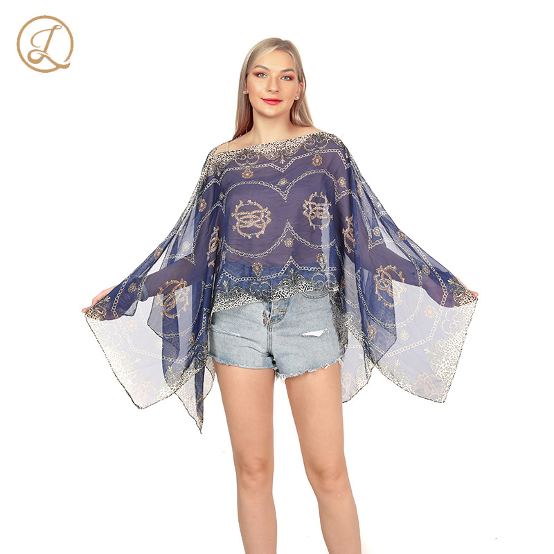 Summer Silk Scarf Women Chiffon Chain Print Beach Towel Sun Protection Shawl
