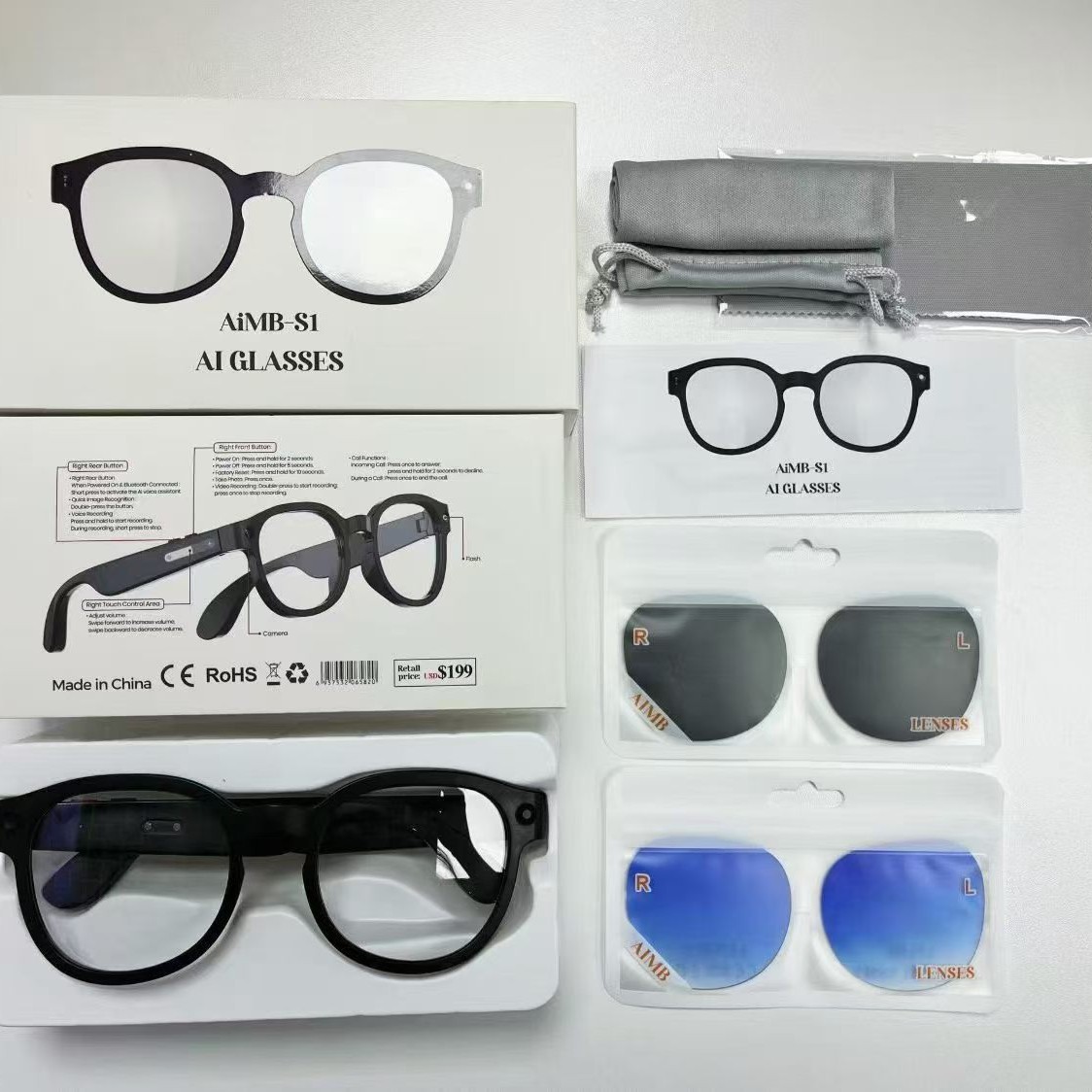 AIMB-S1 shooting glasses AI smart translation anti-shake 500W HD replaceable myopia lenses for taking photos