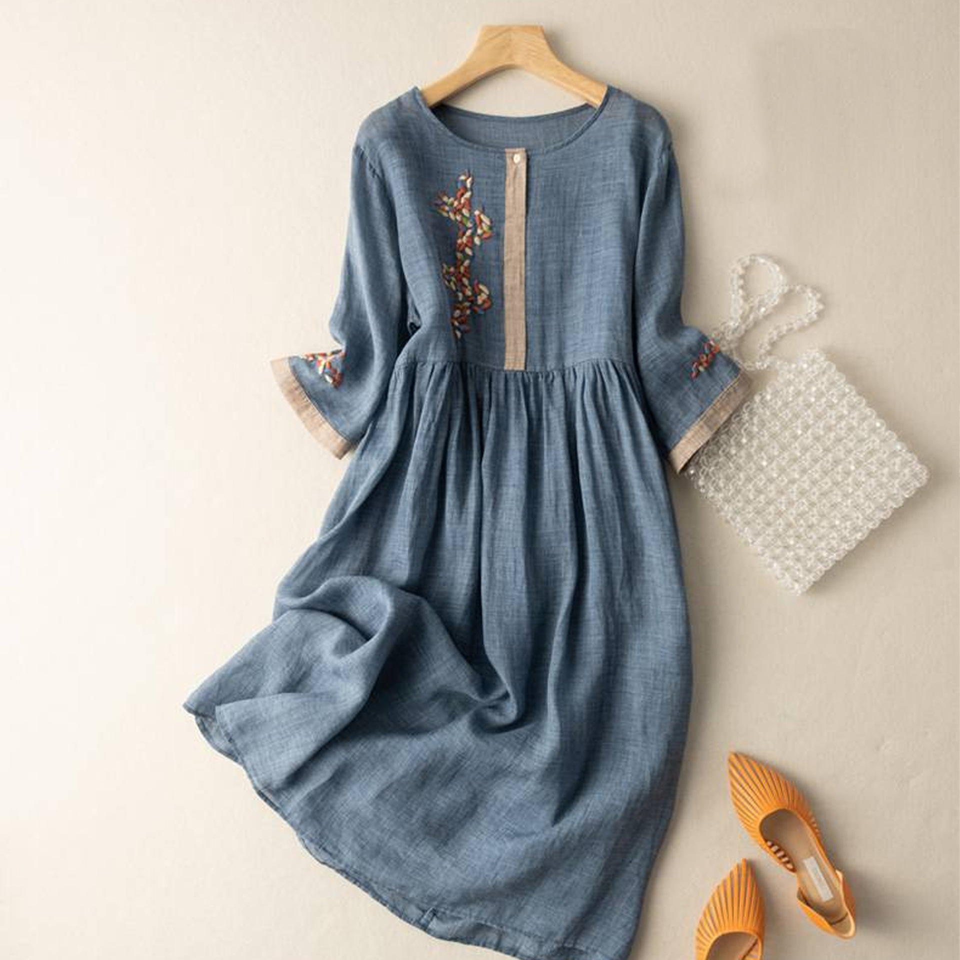 New Chinese style cotton-linen seven-point sleeve dress ethnic style summer loose middle-aged dress long dress