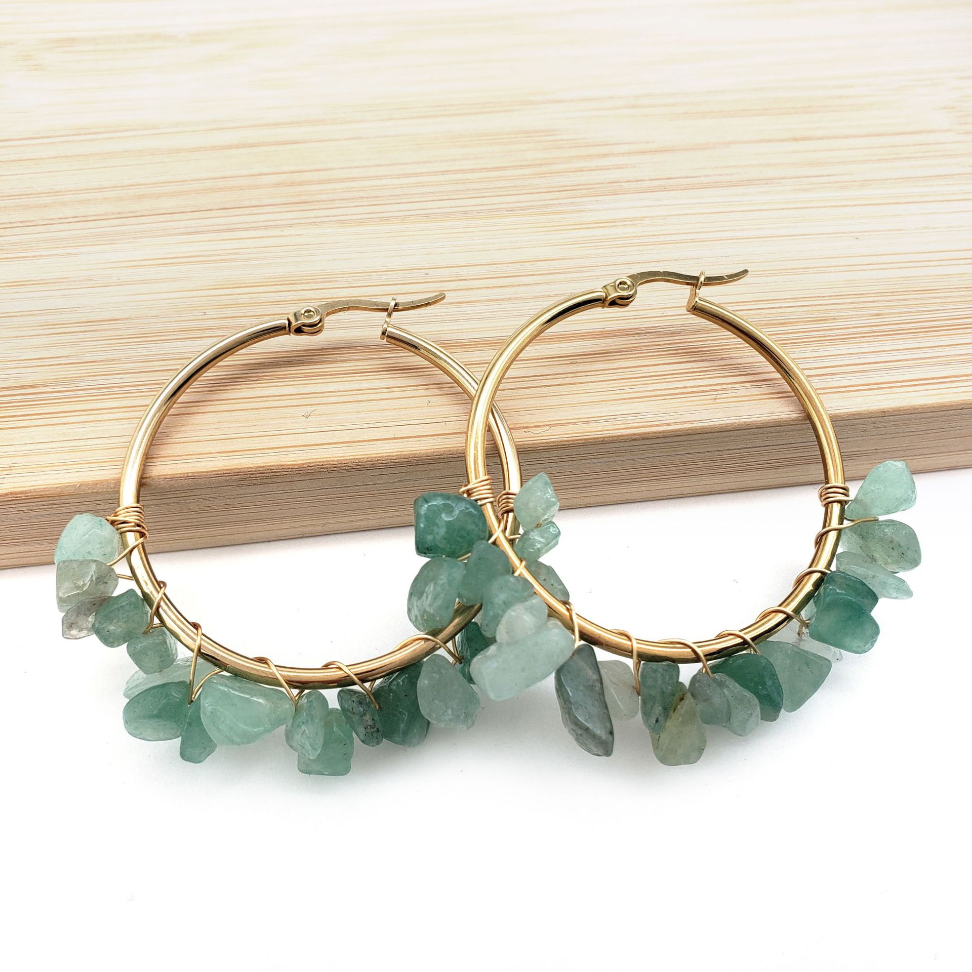 Large Circle Natural Crystal Raw Stone Earrings Hand-wrapped Green Donglin Stone Women's Commute Stainless Steel Earrings