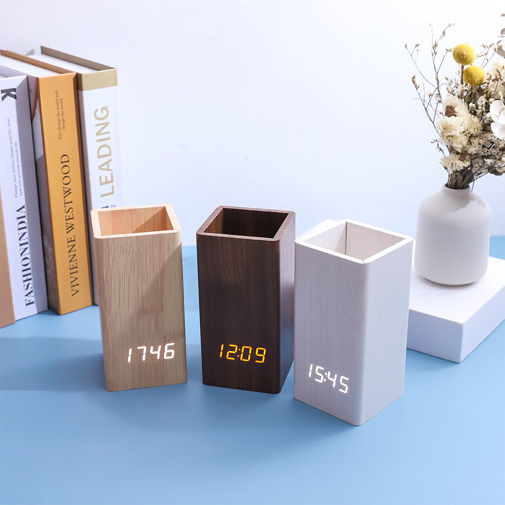 Simple home office pen holder wooden clock, wooden home pen holder alarm clock, factory direct sale