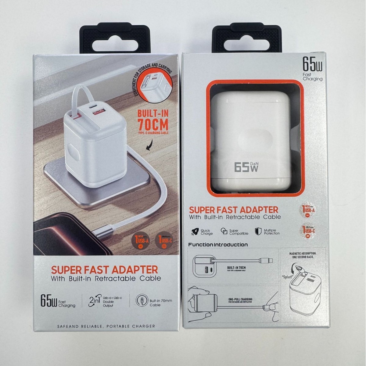 New 65W UK Standard Retractable Cable A+C Phone Charger with Cable Adapter US EU Standard