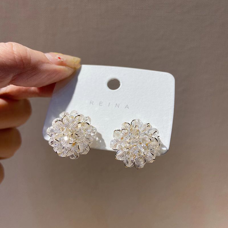 New S925 Silver Needle Sparkling Crystal Sweet Stud Earrings Flower Forest Style Crystal Ball Simple Ear Accessories for Women