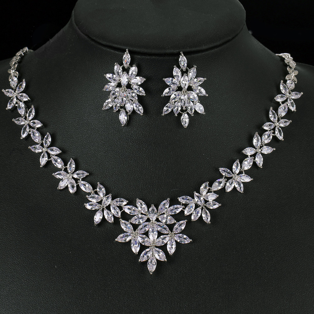 Leaf copper zircon necklace earring jewelry two-piece set bridal accessory gift women