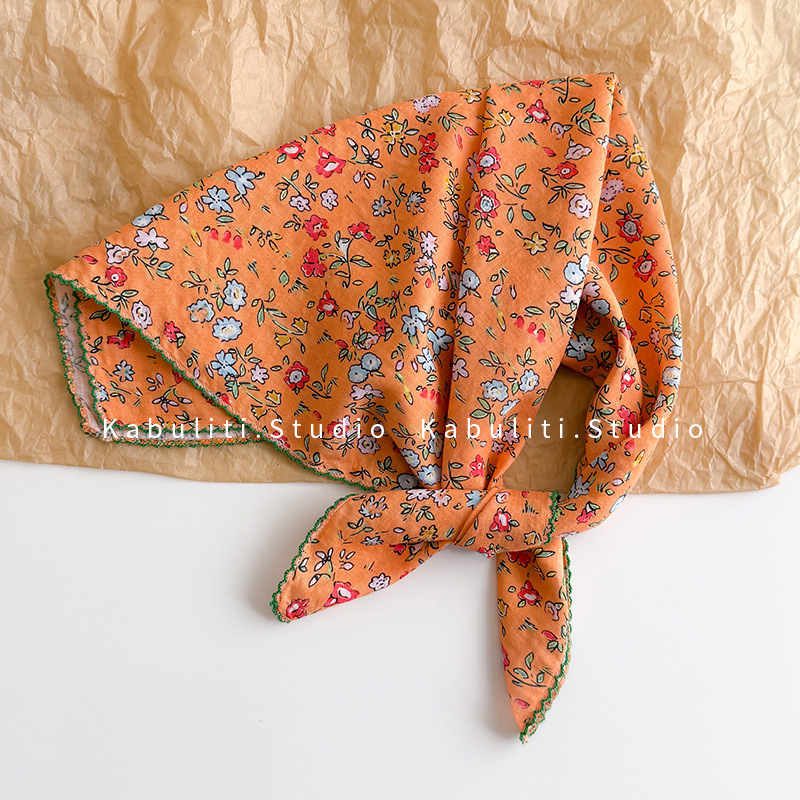 58*58 cotton linen small square scarf, fresh floral neck protection small scarf for girls, hair band