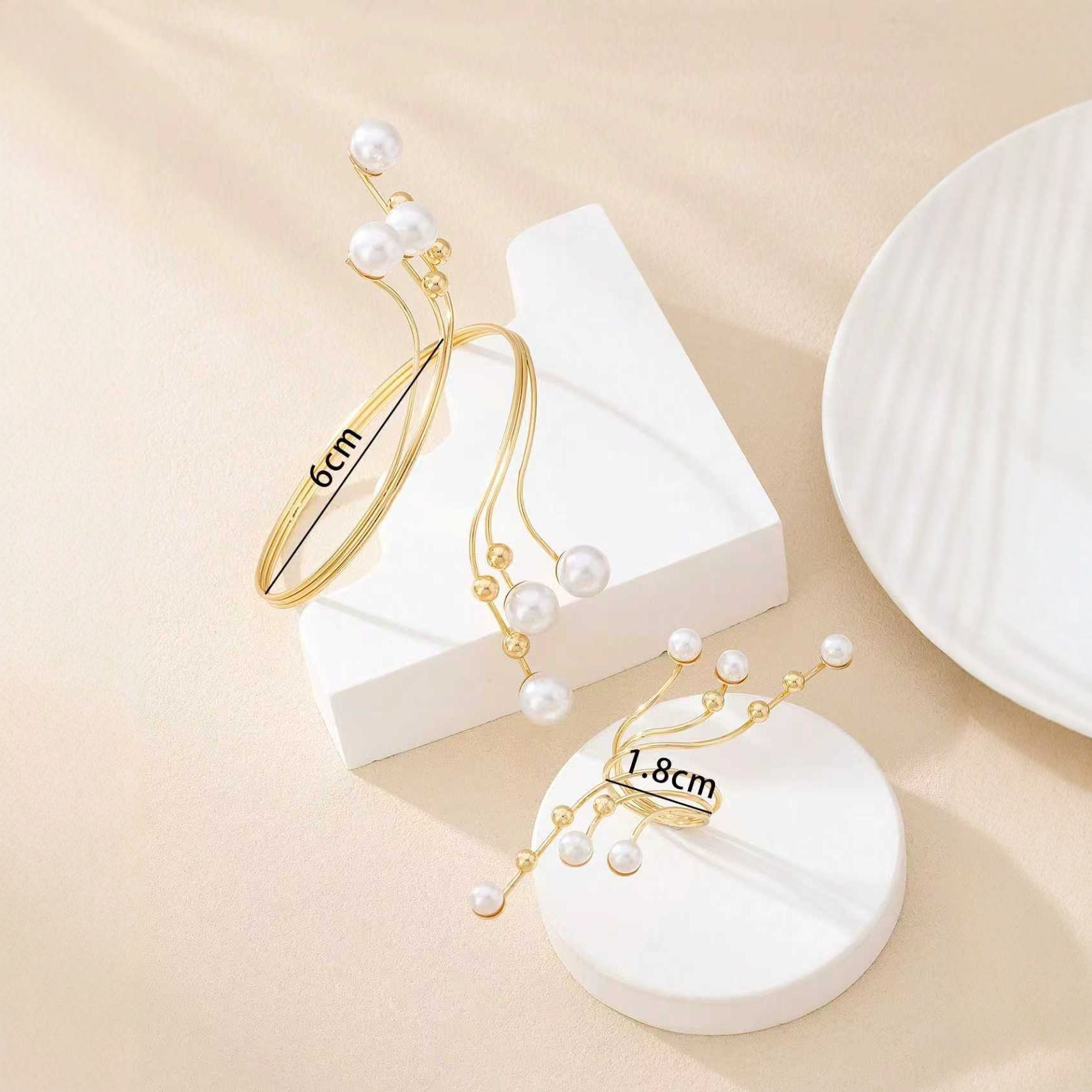 Geometric Pearl Bracelet Set Sense Metal Connected Finger Ring Accessories