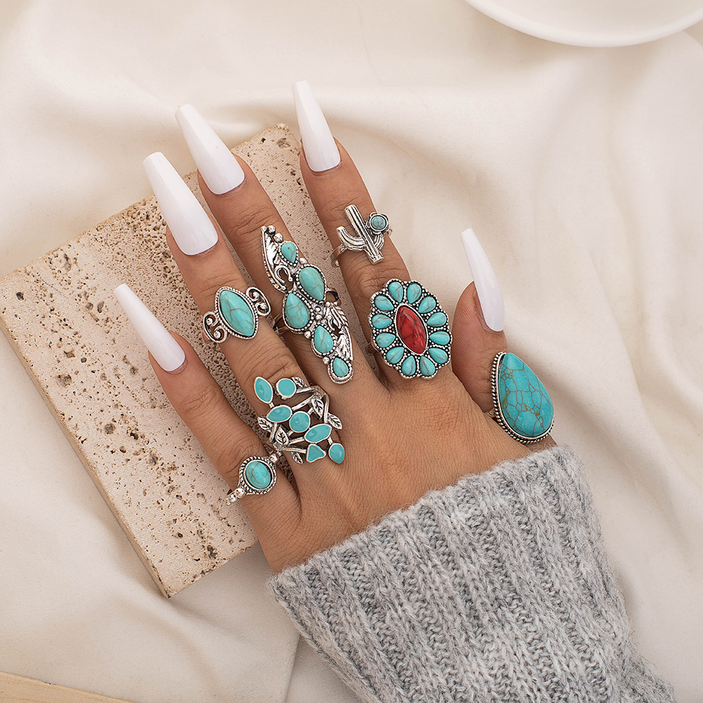 Ethnic Style Turquoise Carved Feather Ring 8-Piece Combination Ring Set