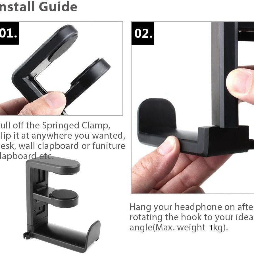 Gaming headset headphone hook stand with adjustable rotating arm clip, under-desk design