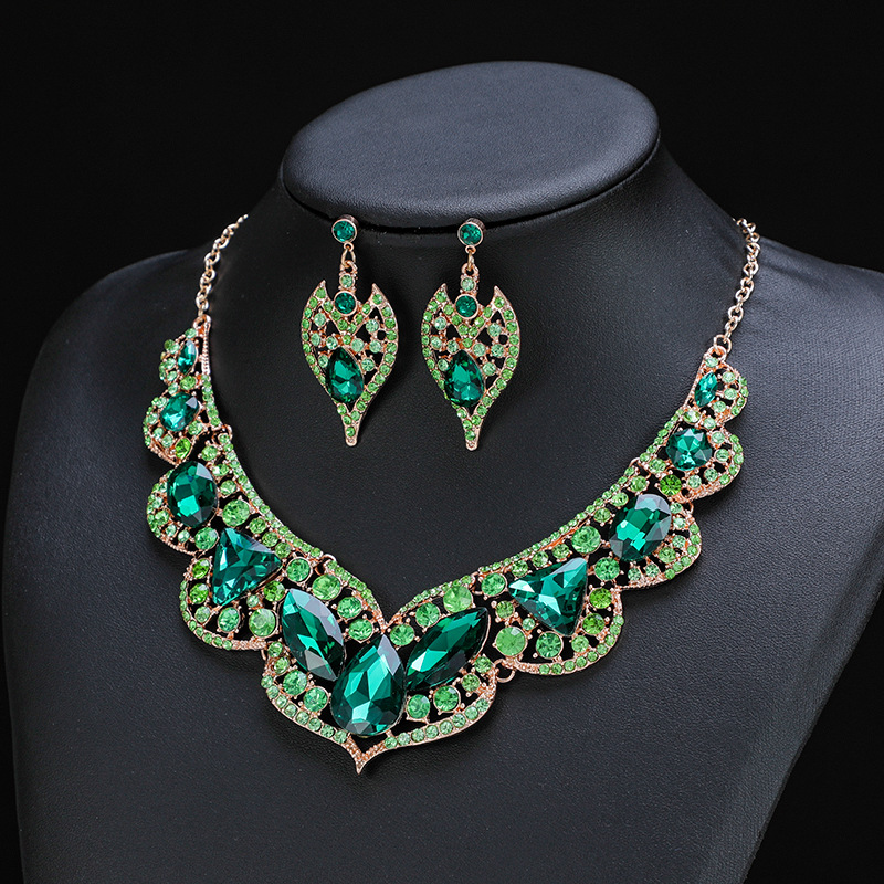 Exaggerated Bride Accessories Necklace Earring Set Wedding Dress Banquet Artificial Gemstone