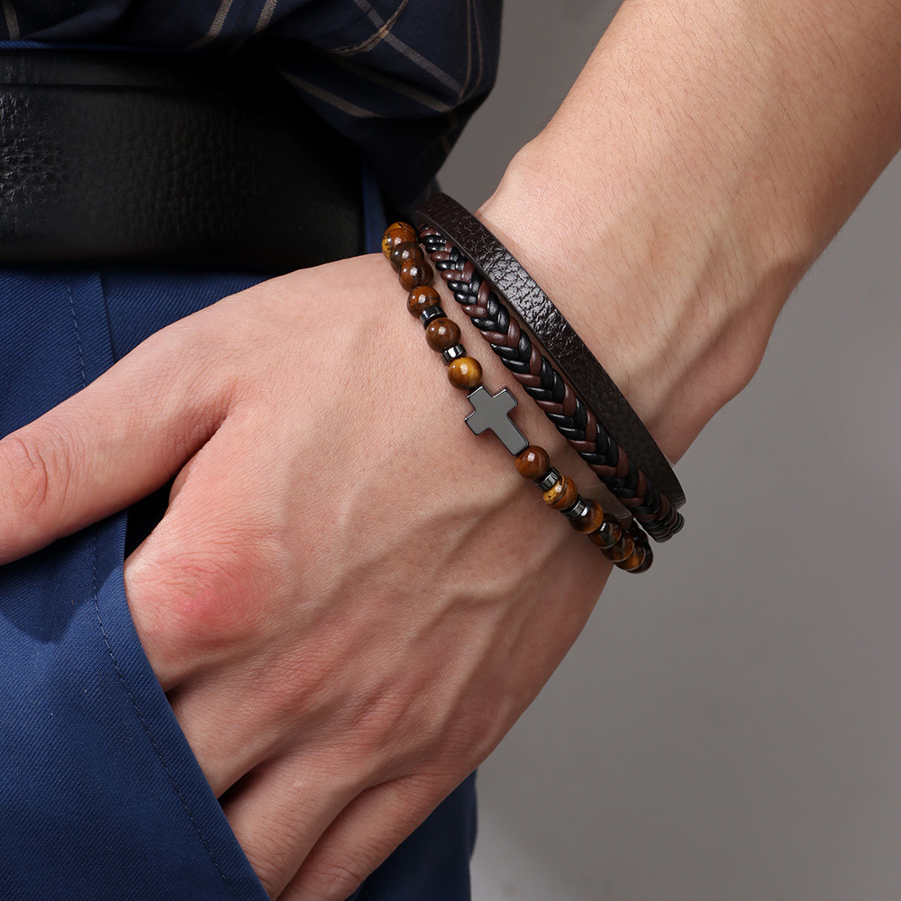 Cross Multi-layer Black Agate Bracelet New Woven PU Leather Tiger Eye Stone Matte Stone Bracelet