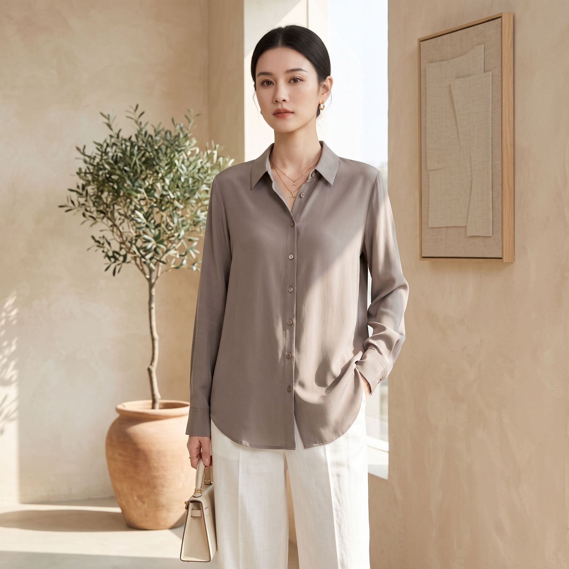 2026 Summer New Mulberry Silk Blouse for Women Long Sleeve Cardigan Shirt White Commute Square Collar Top