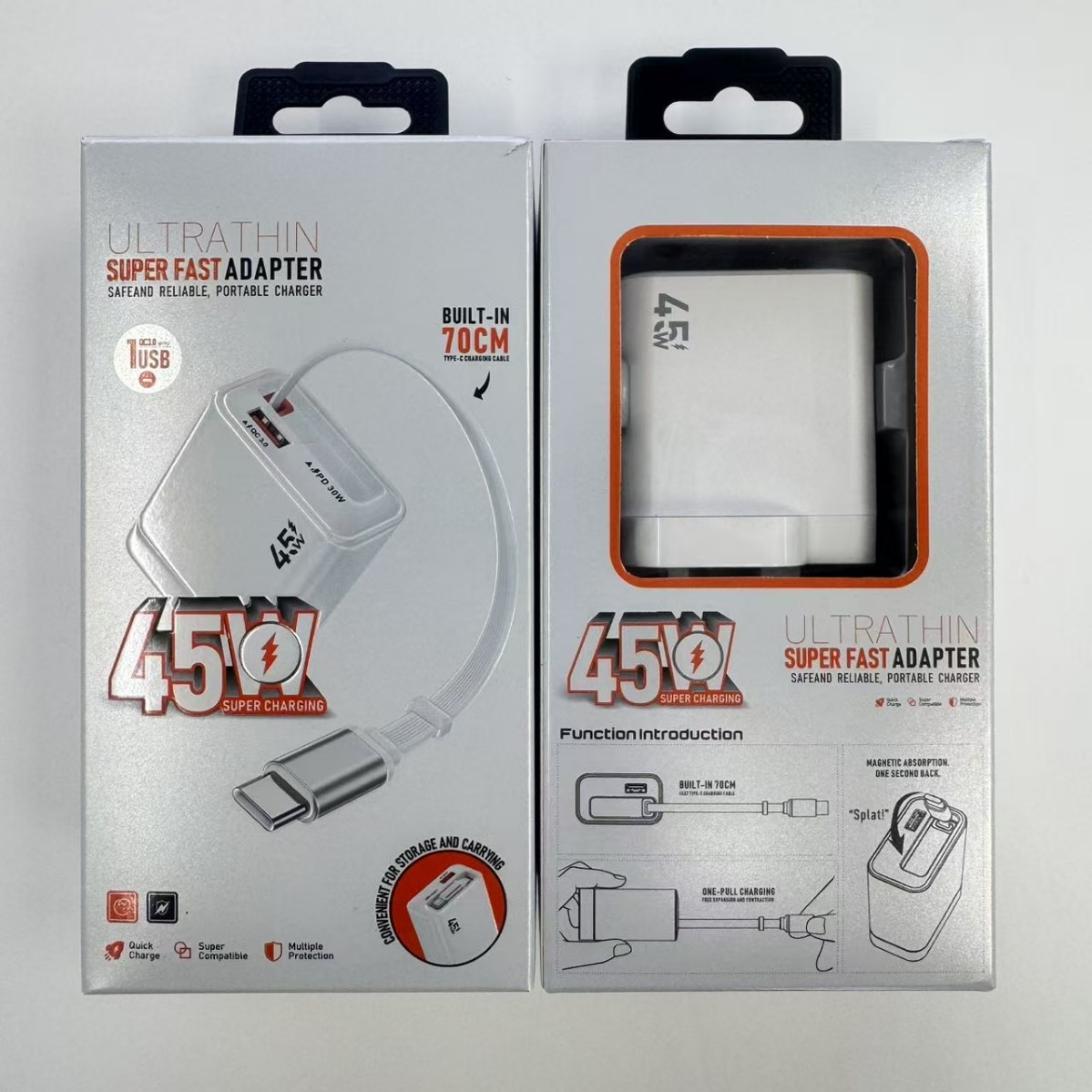 45W Retractable Cable Charger + USB Phone Charger 2-in-1 Foldable Plug