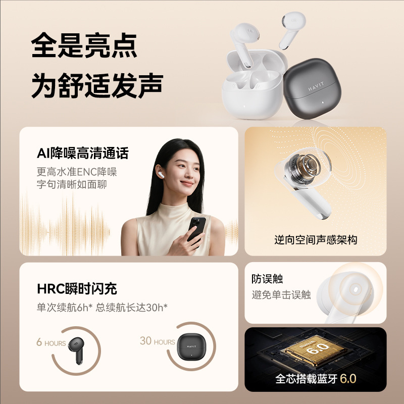 havit New TW888 Bluetooth 6.0 Earphones Wireless Semi-in-ear Call Noise Cancellation Bass Game Low Latency