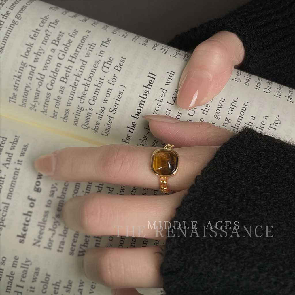 Vintage Retro Star Moon Zircon Ring Geometric Tiger Eye Index Ring Niche Open Ring for Women