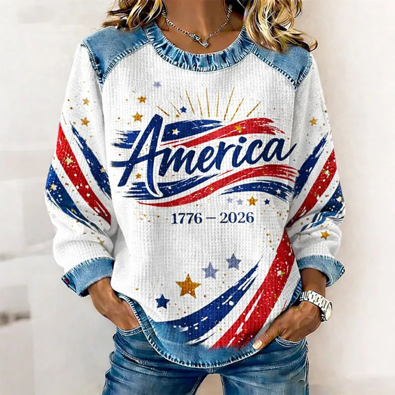 2026 Autumn Winter Women's New Patriotic USA Founding Print Women's Casual Round Neck Sweatshirt