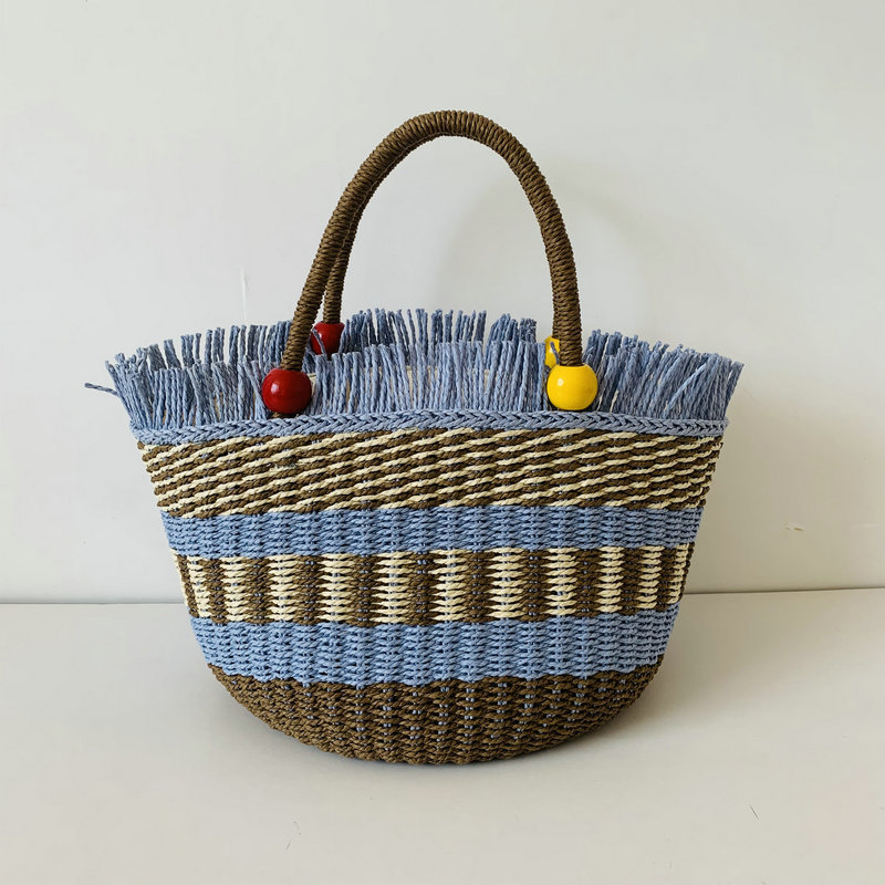 Rural vacation style beach bag, basket handbag, wooden bead straw woven bag, new twill woven bag, multiple colors