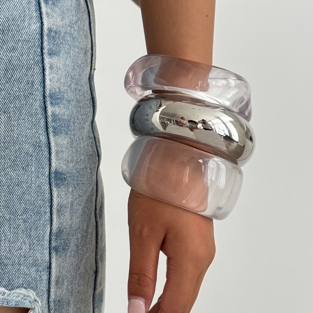 Transparent acrylic wide bangle irregular curved smooth bangle