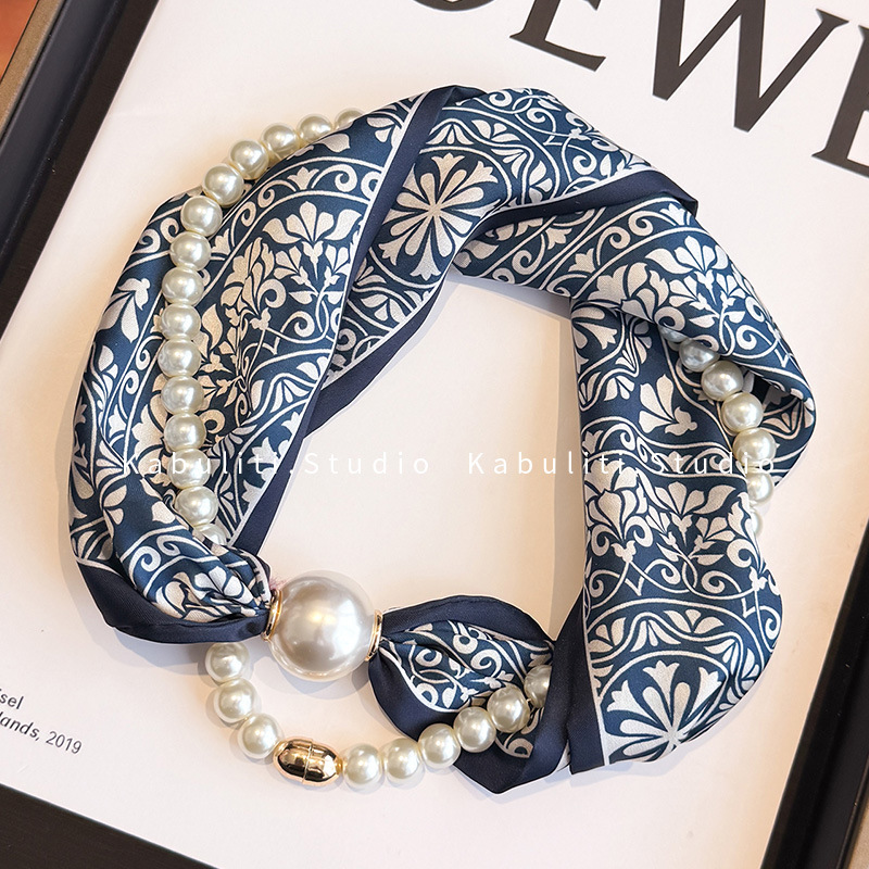 Magnetic buckle pearl necklace narrow small long strip silk scarf women neck protection mother matching shirt thin scarf
