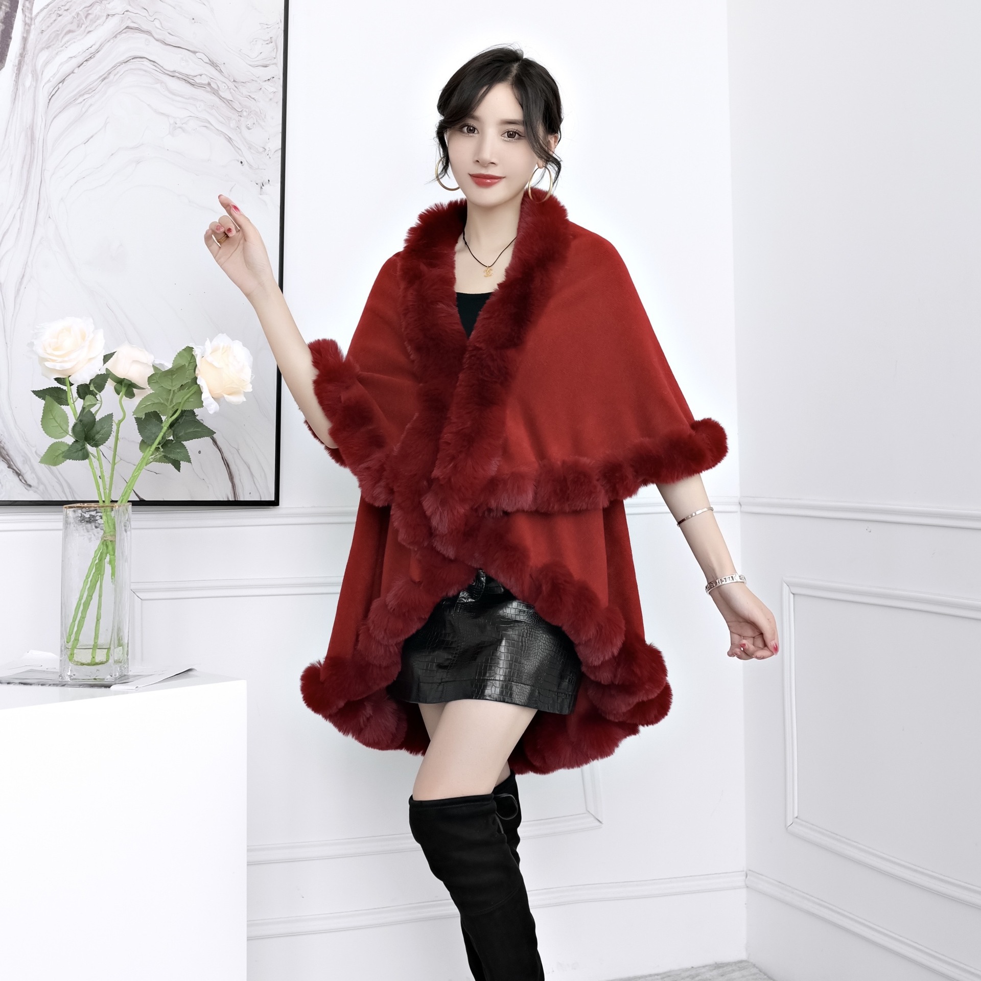 Live Supply Autumn Winter New Imitation Rex Rabbit Fur Collar Cape Shawl Plus Size Knitted Cardigan Loose Coat Women