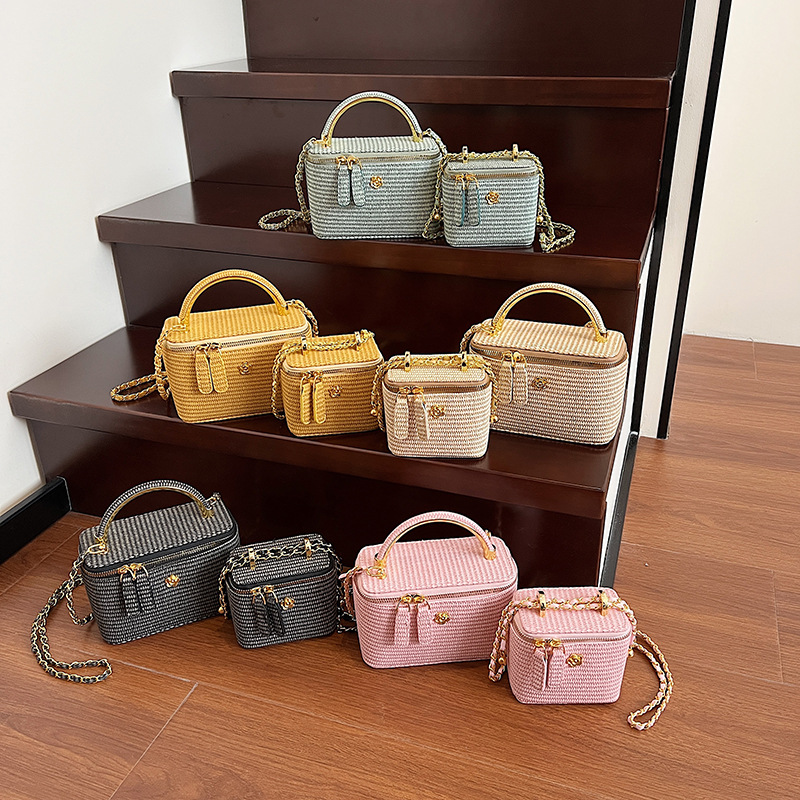 Straw Woven Small Square Bag 2025 New Chanel-Style Diamond Grid Chain Box Shoulder Crossbody Bag