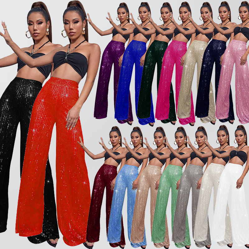 Women's 2026 New Solid Color Wide-Leg Pants Independent Station Draping Sequin Casual Pants Women