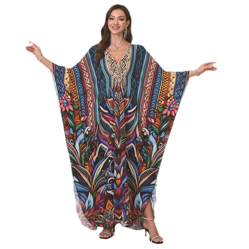 New Cotton Position Print Vacation Beach Long Dress Women Loose Long Dress Bikini Cover Up Sun Protection