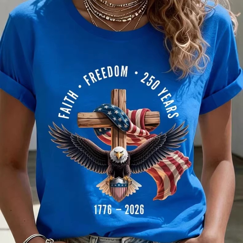 2026 Independent Station Spring Summer New Eagle USA Flag Cross Print Round Neck Short Sleeve