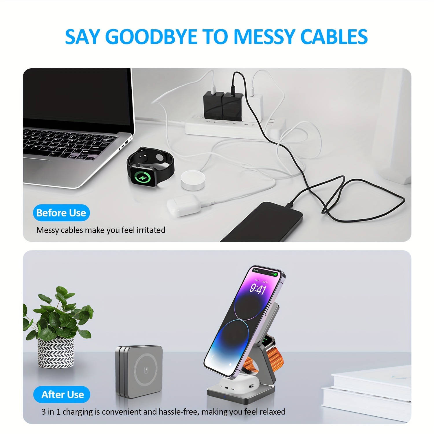 3-in-1 Magnetic Foldable Wireless Charger for Apple Phones, Earphones, Watch