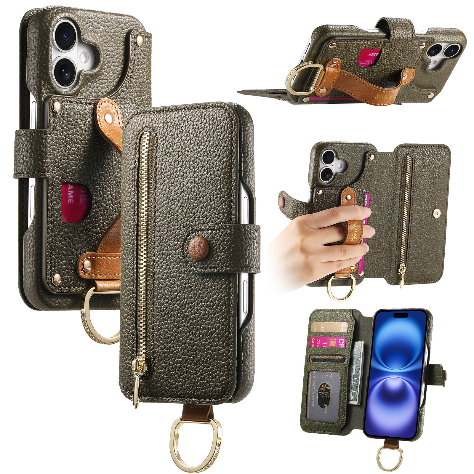 Litchi grain faux leather back adhesive flip phone leather case for Apple 18 phone case card slot iPhone18 shell