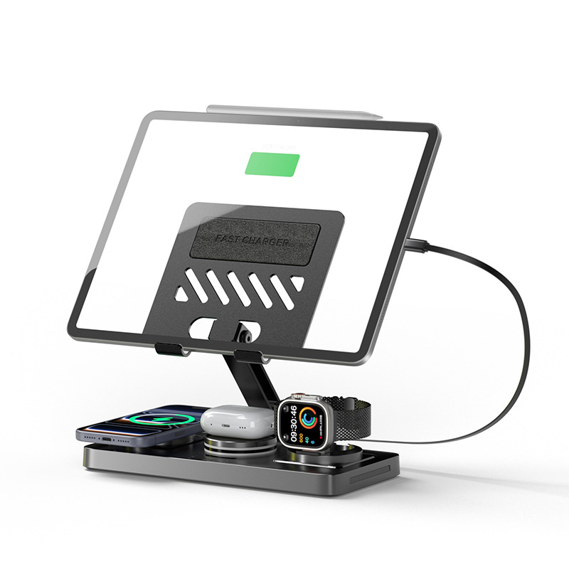 Desktop Multi-Functional Wireless Charger Foldable Rotatable 5-in-1 Wireless Charger with Tablet Metal Stand Retractable Cable