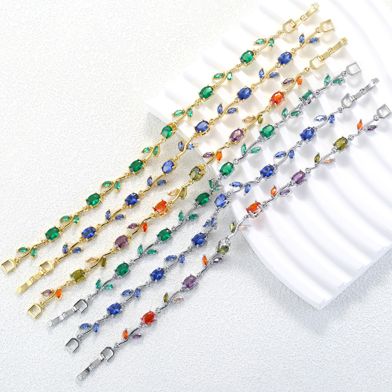 Copper Inlaid Colorful Diamond Branch and Petal Bracelet Leaf Tulip Layered Hand Jewelry