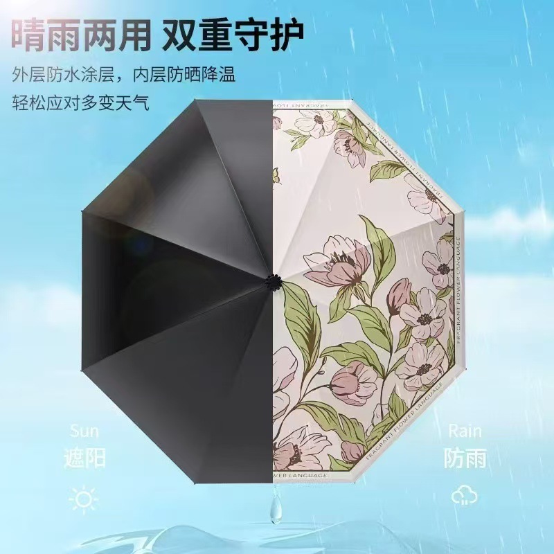 Three-Fold Rain Umbrella Eight-Rib Floral Manual Umbrella Black Glue Sunscreen Anti-Splash Portable Folding Sun and Rain Umbrella