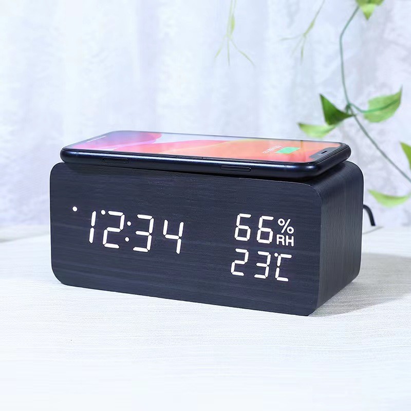 Wireless charging alarm clock multifunctional LED electronic clock gift wooden clock night light silent student alarm clock
