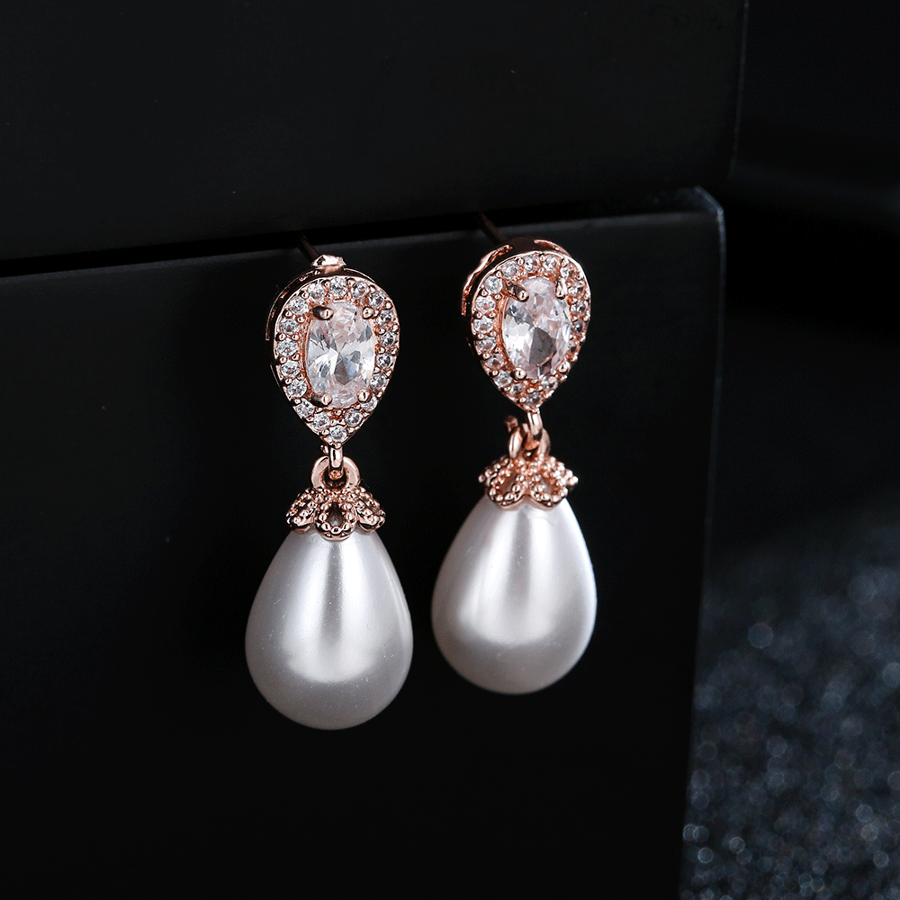 New teardrop pearl women's accessories zirconia inlaid earrings, bridal dress matching jewelry gift