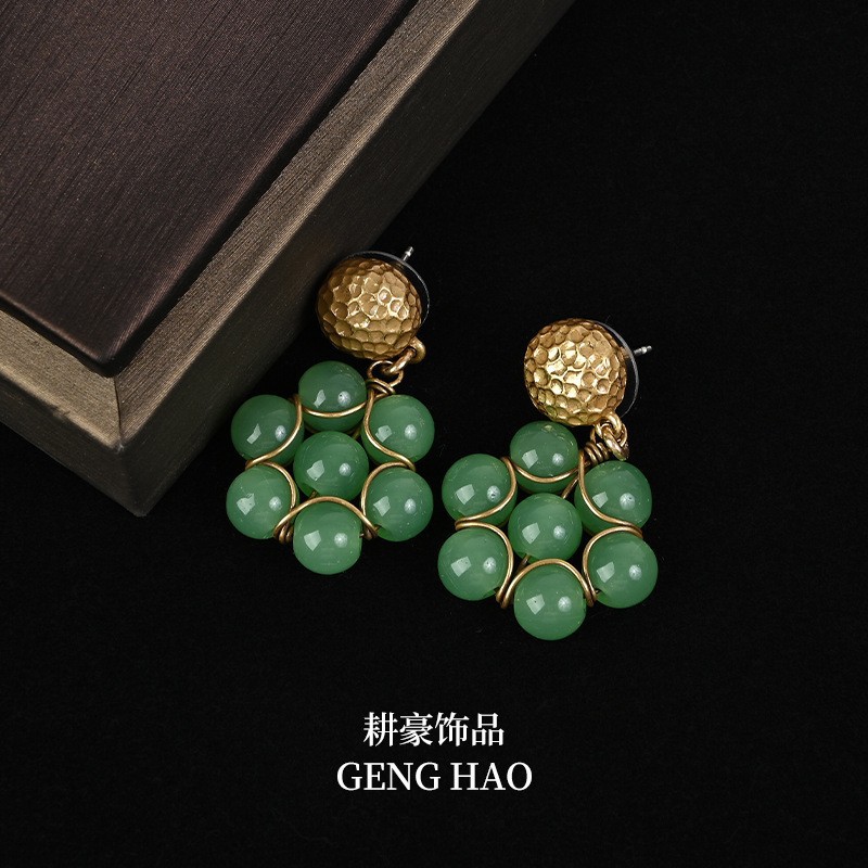 Vintage exaggerated green crystal glass multi-layer stacking set necklace earring dress accessories choker