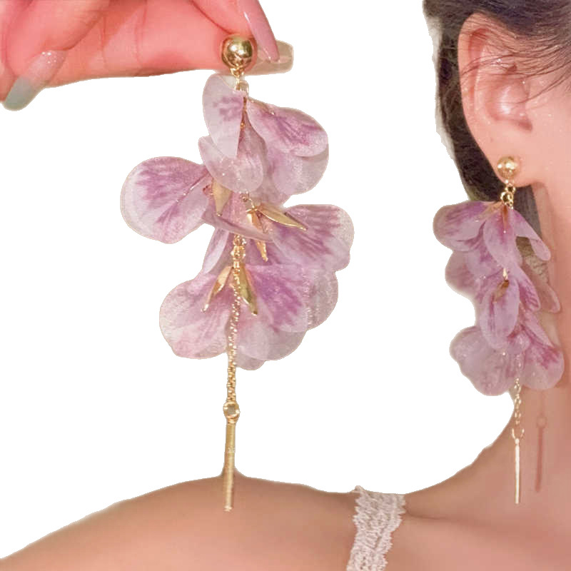 Fresh Pastoral Style Organza Gradient Petal Tassel Earrings Ear Accessories Earrings