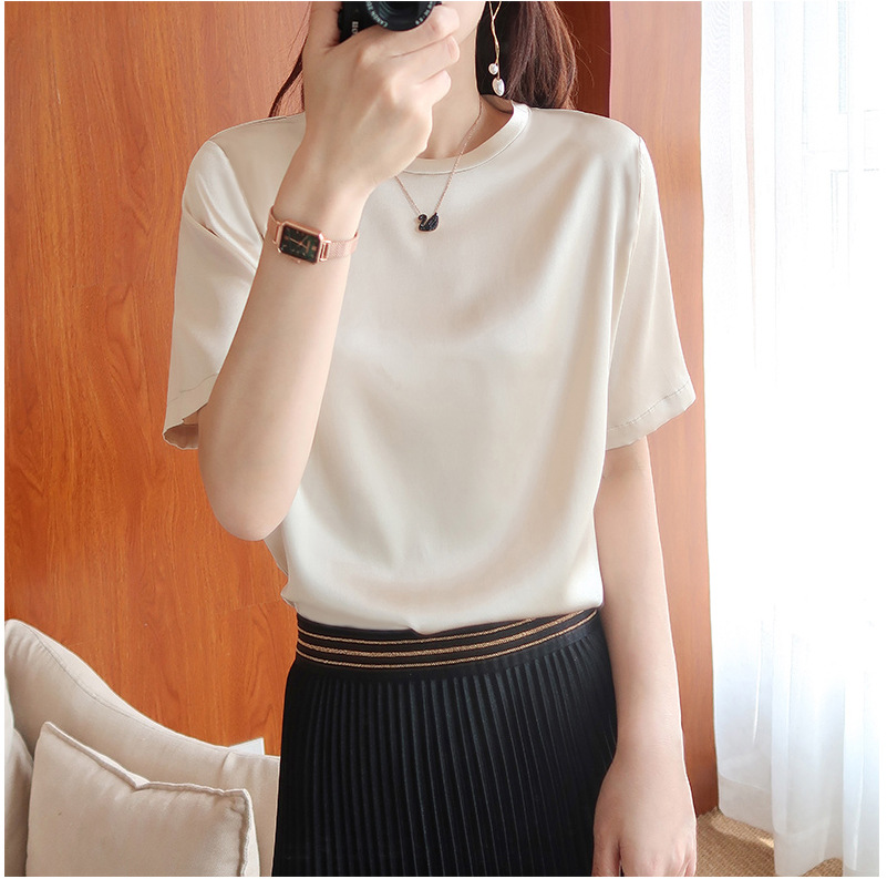 2026 Summer New S533 Loose Round Neck Heavyweight Silk Short Sleeve T-Shirt Satin Casual Top Women