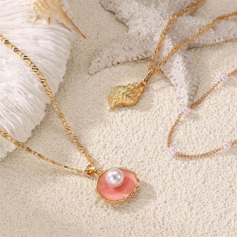 Unique Design Ocean Style Shell Starfish Double Layer Imitation Pearl Collarbone Chain