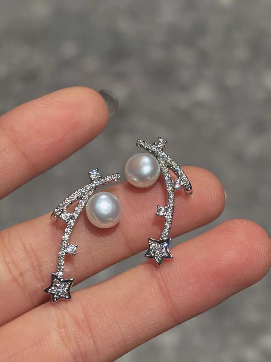 Gold-Plated Silver Real Pearl Zircon Earrings Women Niche Earrings Natural Freshwater Pearl