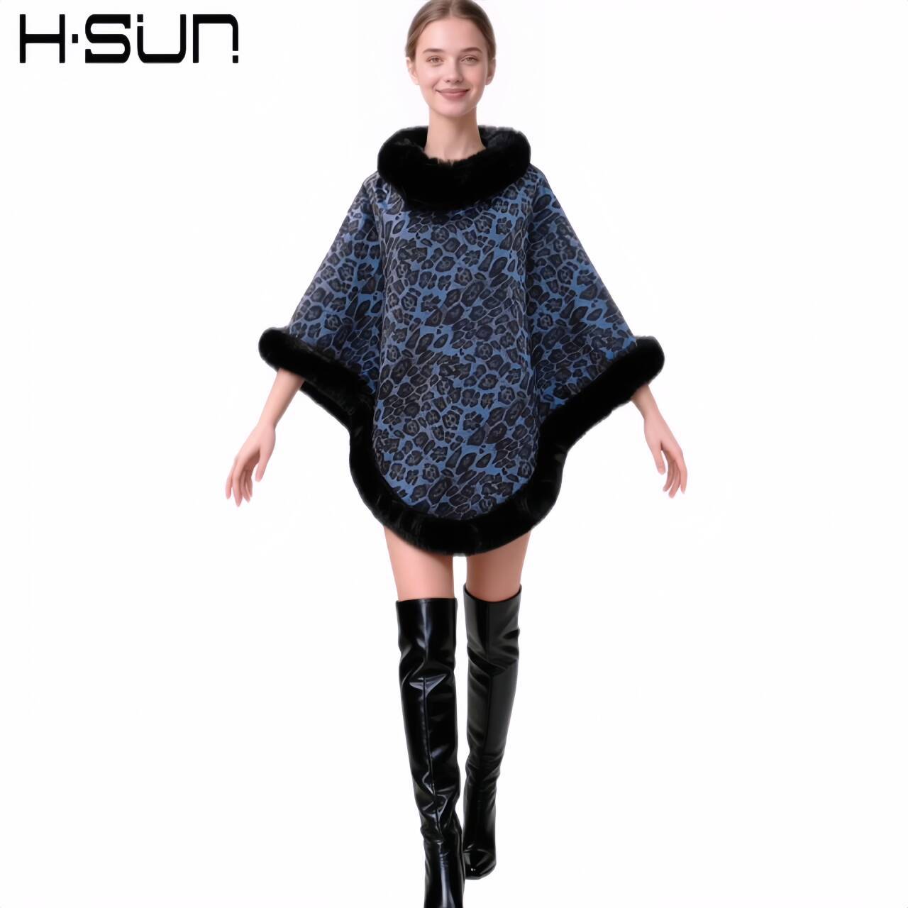 Pullover Street Pullover Poncho Fur Collar Non-Detachable Shawl Leopard Print Knit Fleece Poncho Fur Collar