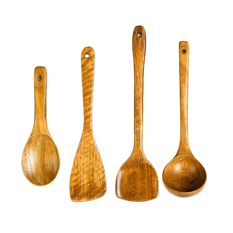 Home Natural Wood Spatula Set Solid Wood Spatula Long Handle Wooden Soup Spoon Non-stick Pan Stir-fry Spatula