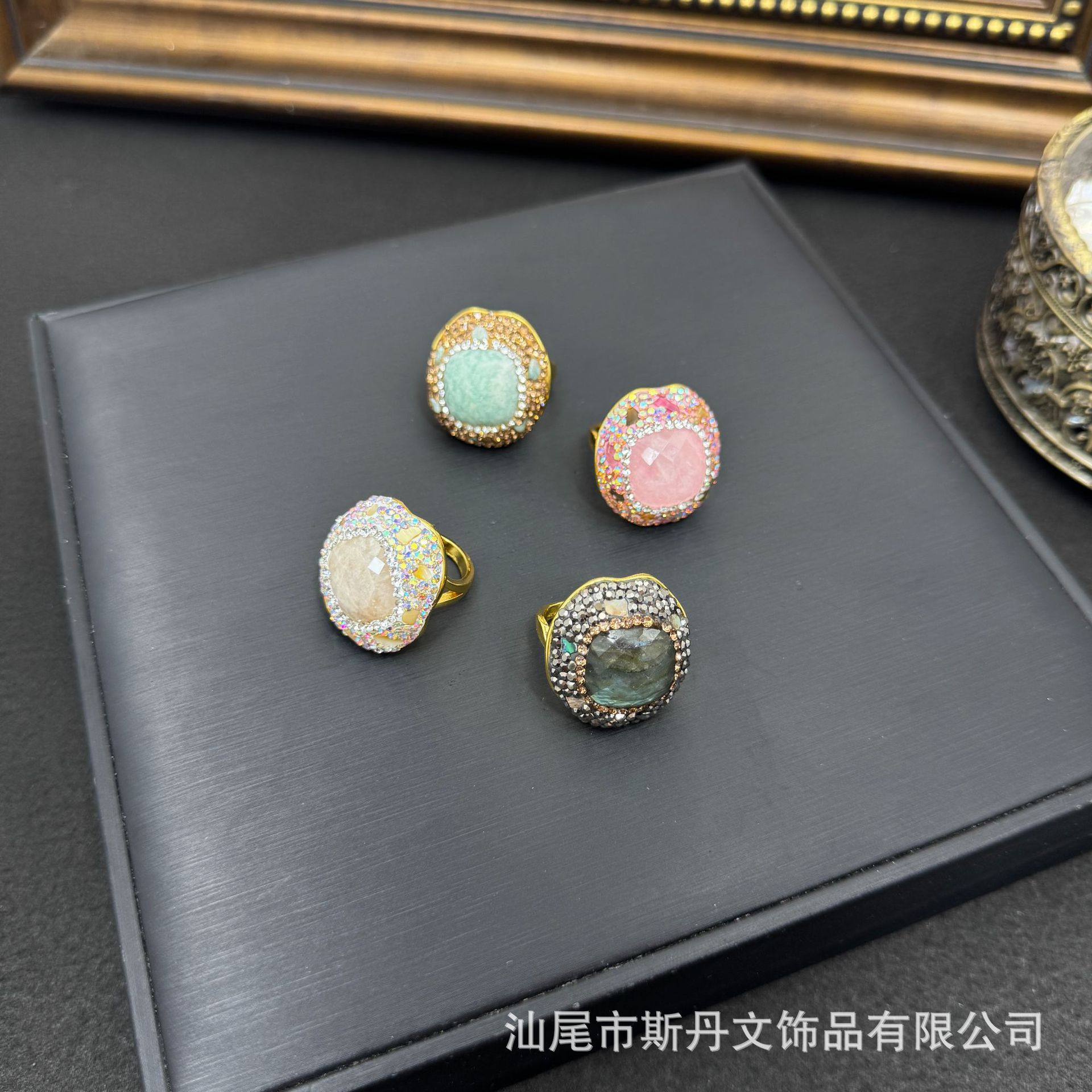 New Natural Raw Stone Square Faceted Ring Niche Inlaid Full Diamond Ring Live Stream