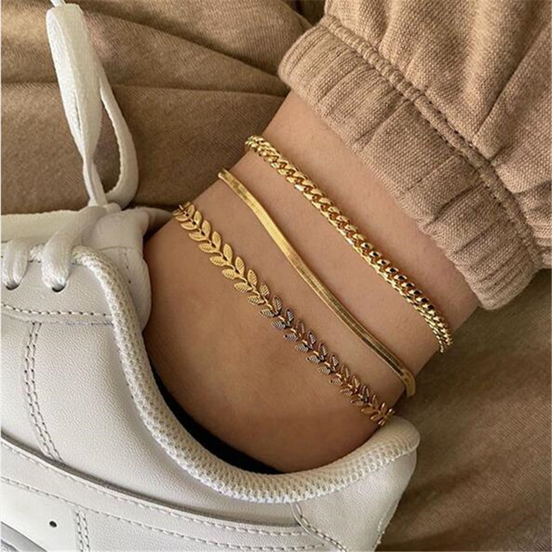 Rongshang Accessory Anklet Set Women's Anklet Three-Piece Flat Snake Wheat Chain Ankle Ornament