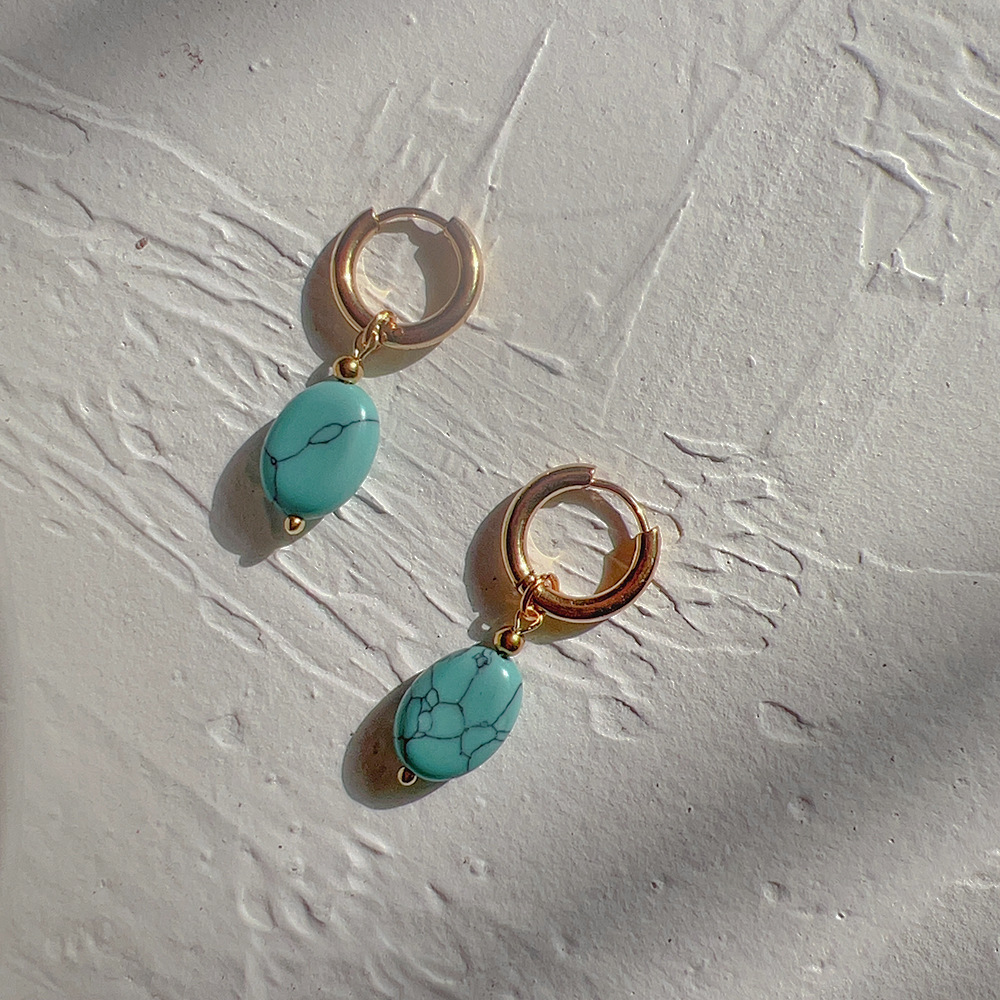 Oval-Shaped Earrings with Wind-Style Clasps, Titanium Steel and Natural Stone