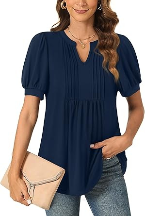 2026 Women's V-Neck Bubble Short Sleeve Pleated T-Shirt Women's Casual Top