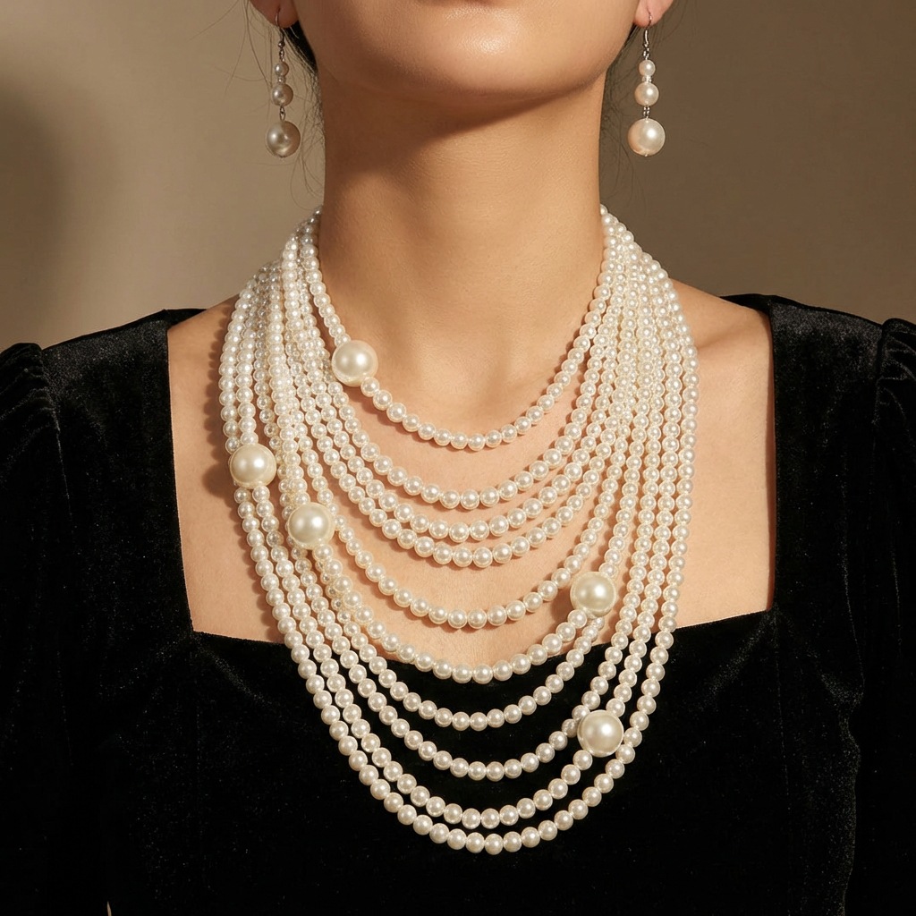Exaggerated Multi-layer Women Pearl Necklace Earring Set Long Women Beaded Sweater Chain