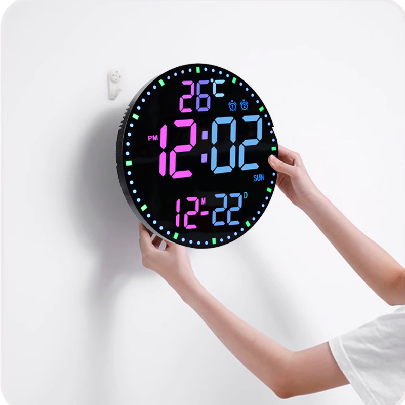 12-inch RGB colorful LED wall clock, simple living room clock, home use, remote control, timer, night light electronic clock